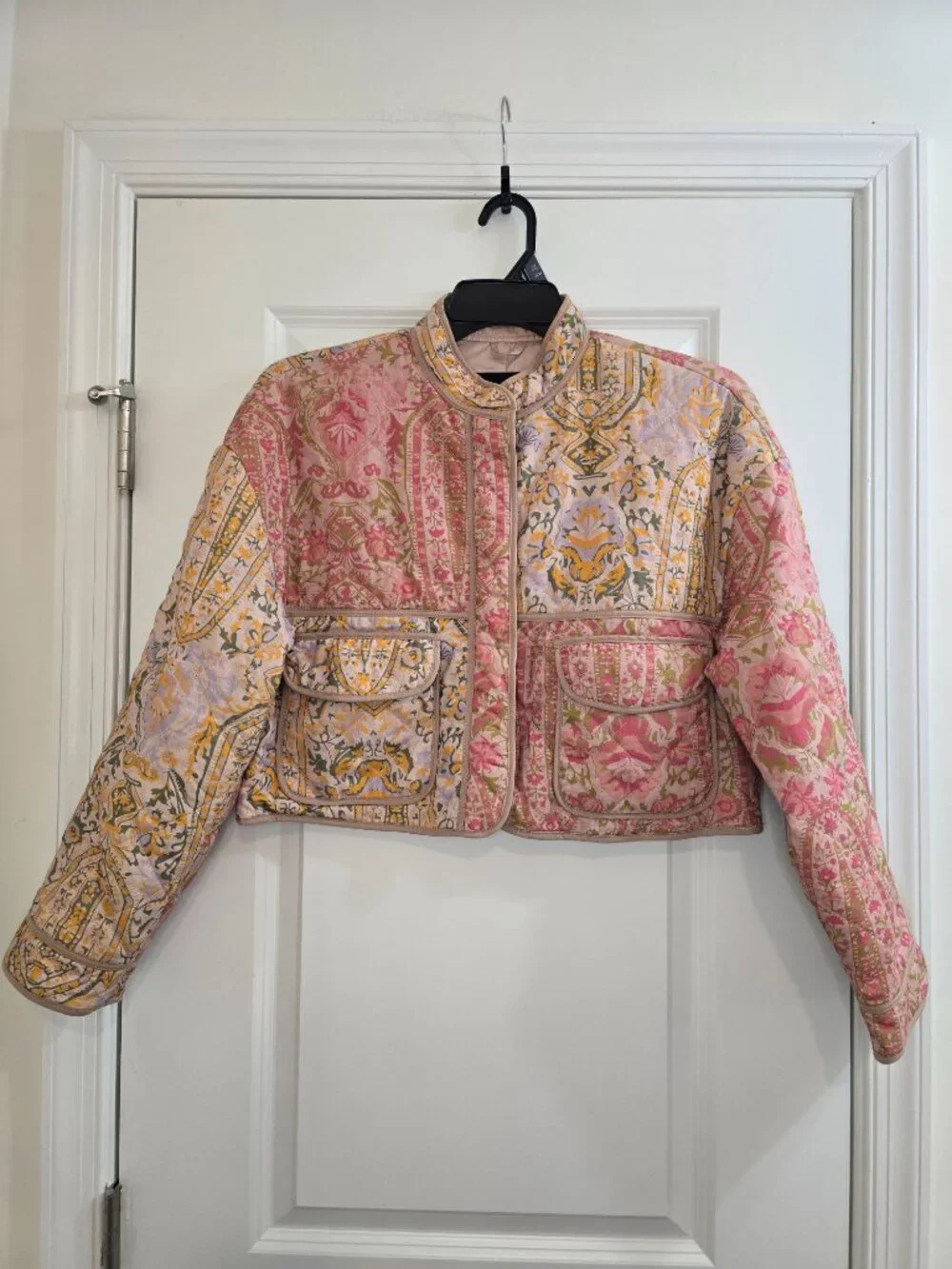 7 For All Mankind Quilted Patchwork Floral Cropped Barn Bomber Jacket - Picture 3 of 9